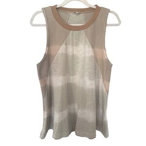 POL Womens Boho Tank Top Mixed Media Waffle Knit M Tan Tie Dye Sleeveless